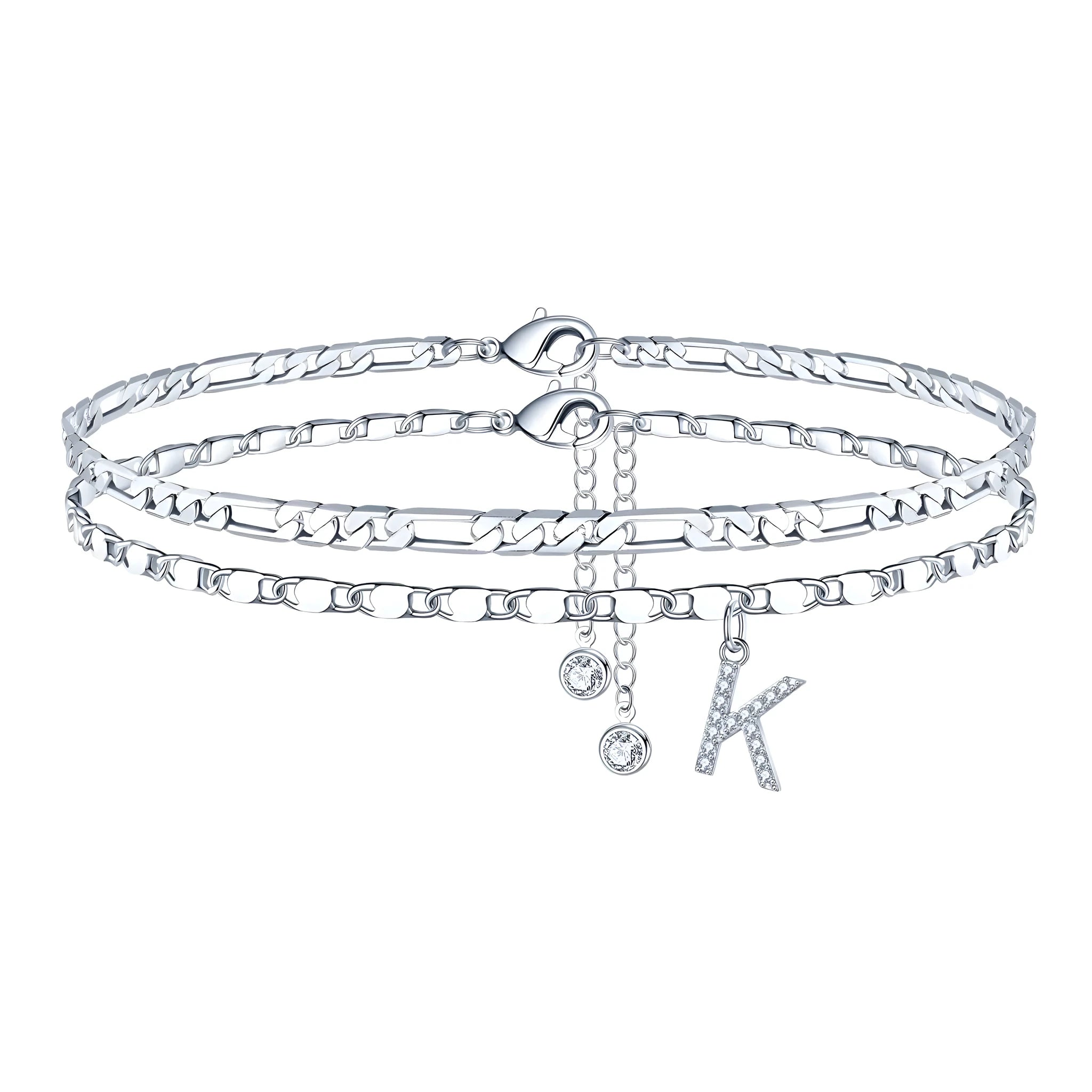 Silver-toned copper anklet with double-circle charm and bead, showing letter styling option