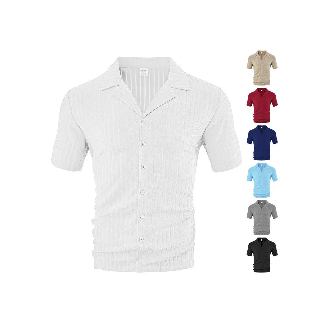 Men's loose casual short sleeve polyester cardigan in khaki lapel design on white background