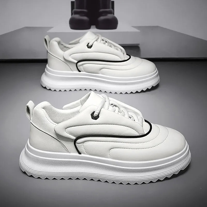 Casual cowhide leather sports shoes with thick sole in khaki, apricot, white, or black.
