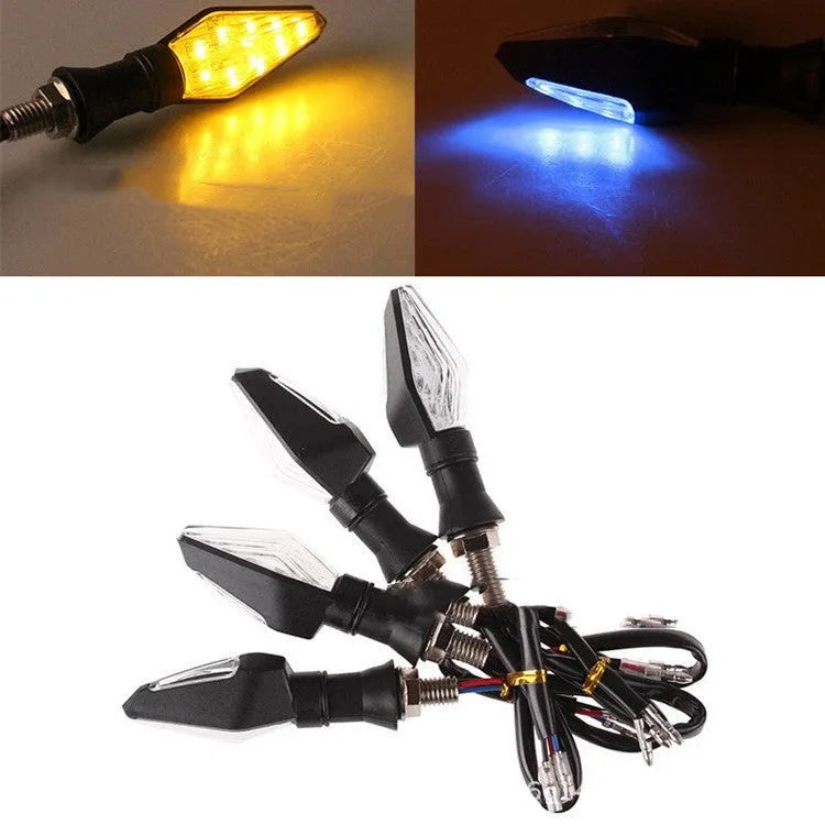 Motorcycle LED turn signal lights with double-sided luminous design showing yellow and blue lighting