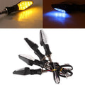 Motorcycle LED turn signal lights with double-sided luminous design showing yellow and blue lighting