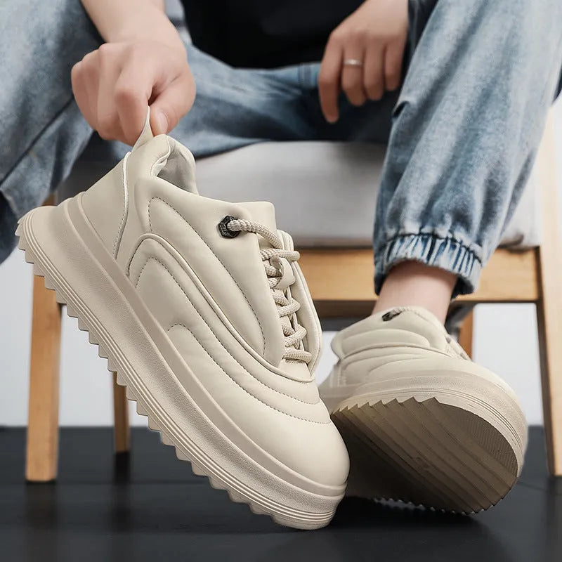 Casual cowhide leather sports shoes with thick sole in khaki, apricot, white, or black.