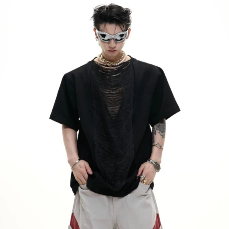 Men's black hollow out V-neck short sleeve loose fit polyester t-shirt on a hanger.