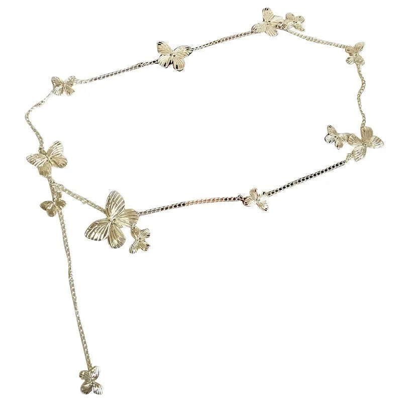 Alloy waist chain with butterfly design in gold or silver colour, 104cm length