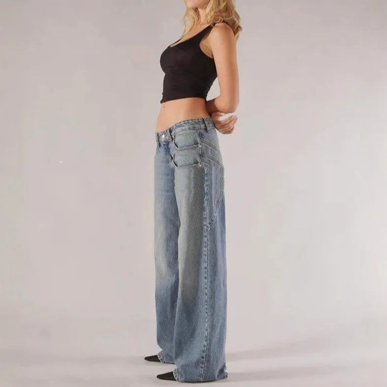 Blue cotton loose wide leg mop trousers with low waist and stitching detail