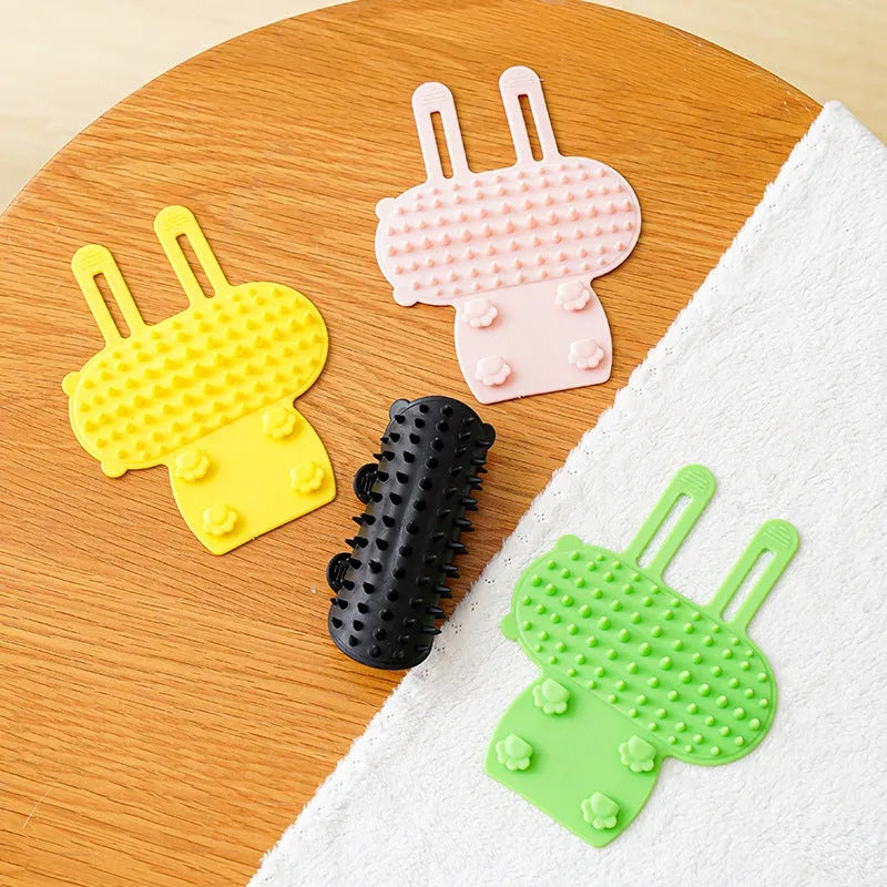 Silicone self-cleaning cat grooming comb with adjustable strap in four colours