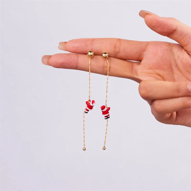 Crawling Santa tassel long asymmetric snowflake earrings in zinc alloy with inlaid diamond finish for women