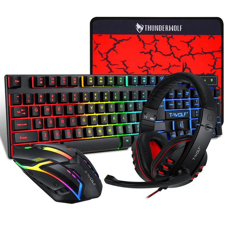 Thunder Wolf T800 four-piece gaming peripheral set showing keyboard, mouse, headset, and mouse pad