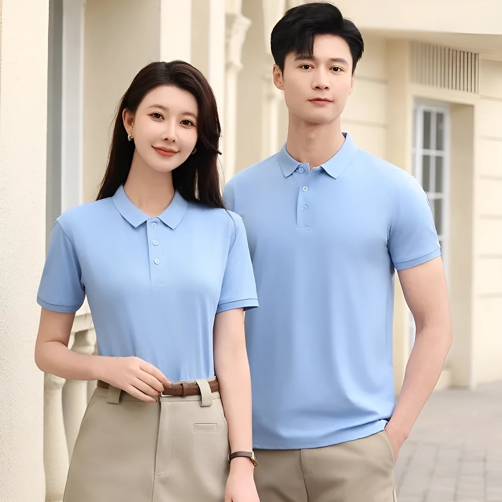 Men's short sleeve polo t-shirt with lapel collar in cotton spandex blend, multiple colour options