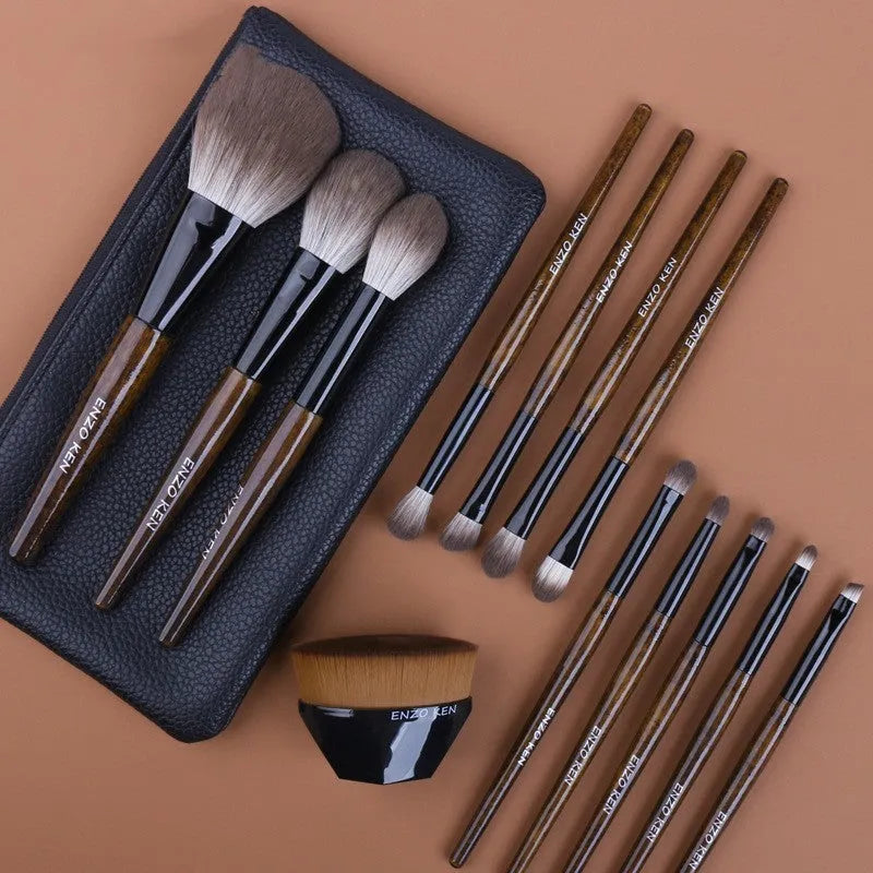 12-piece makeup brush set with wooden handles in protective PU brush bag