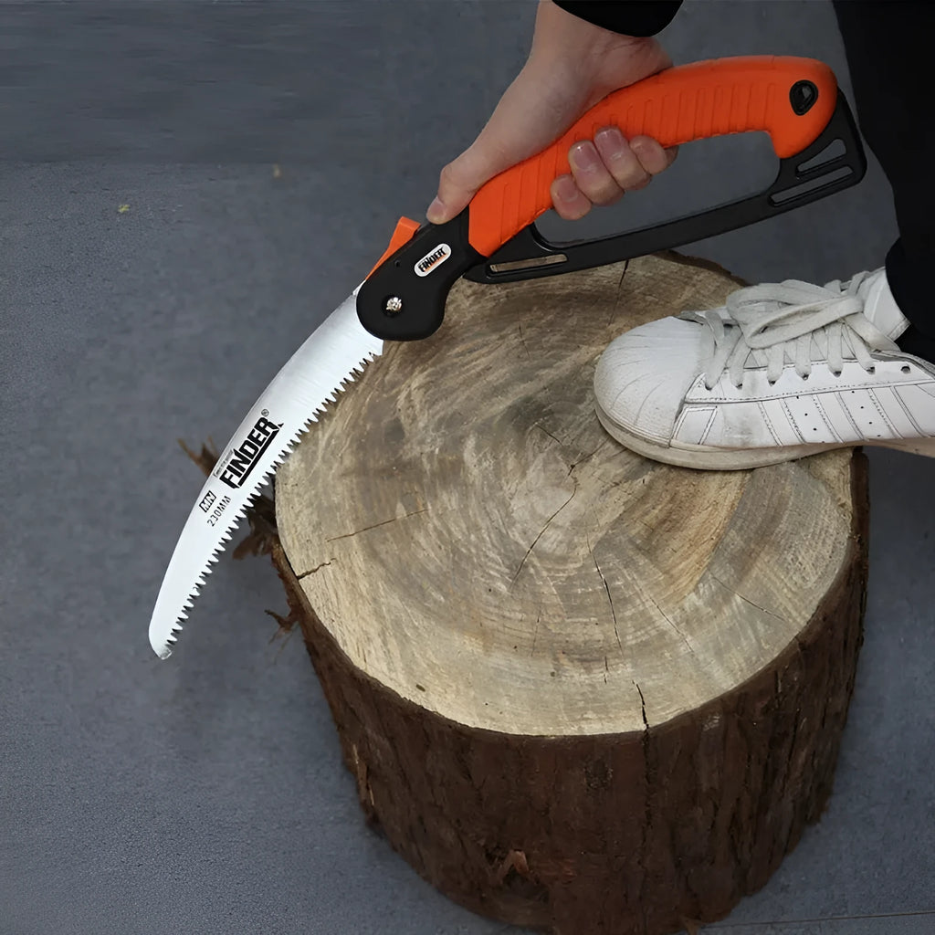 A folding garden hand saw with a TPR grip and a 9-inch 65MN steel blade, shown both open and closed.