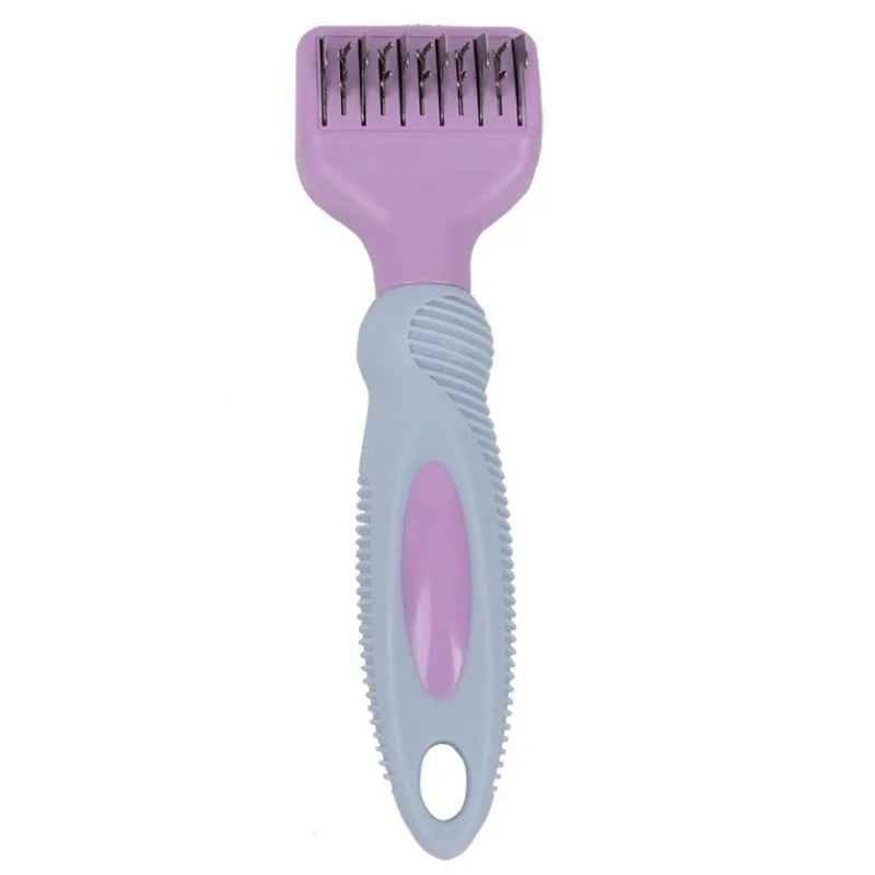 Pink and purple handled pet grooming comb with stainless steel de-matting knife and brush.