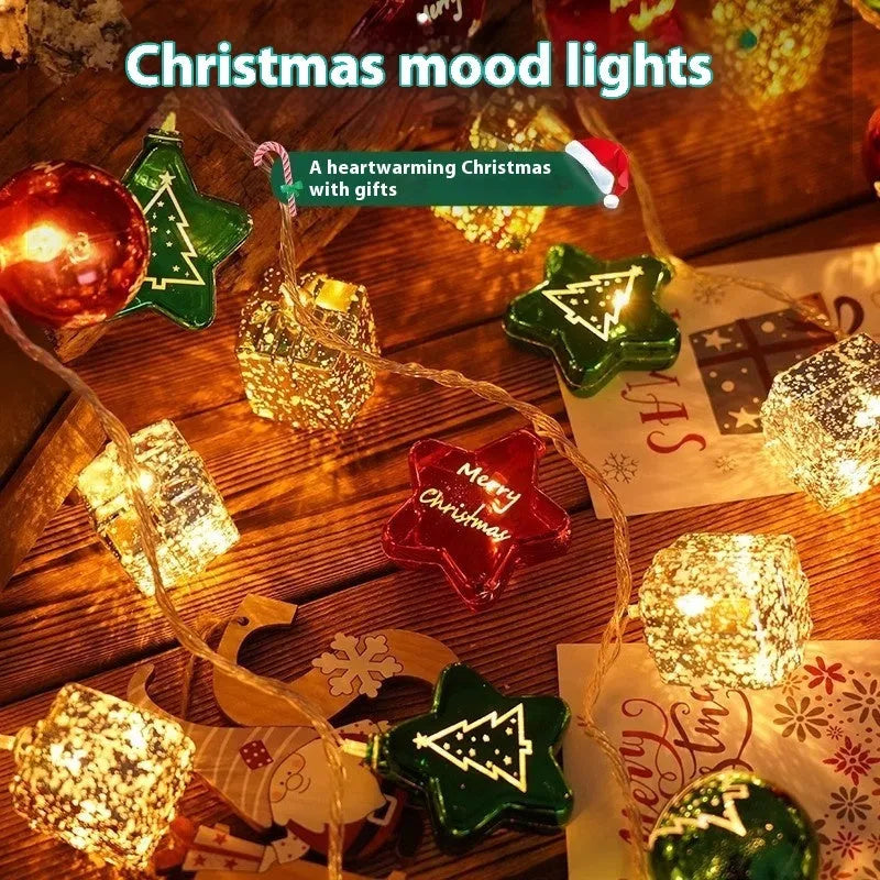 Gold electroplated ball fairy lights string with coloured pendants for Christmas tree decoration
