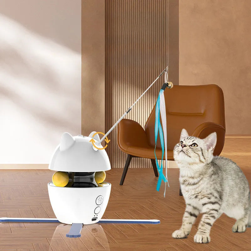 White automatic electronic cat toy with elastic rope extending from plastic base