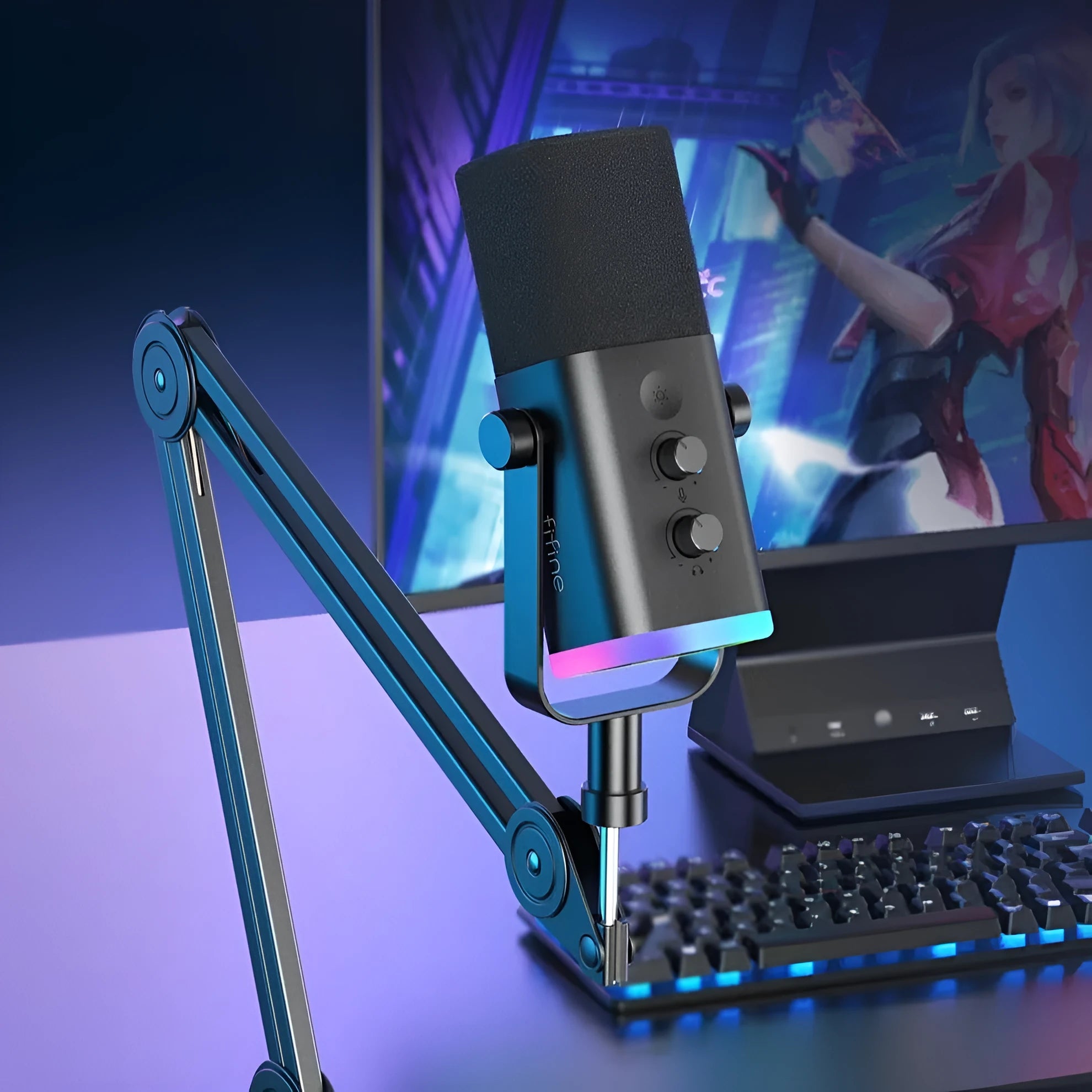 Dynamic noise reduction microphone in black, pink, or white with XLR cable and desk base.