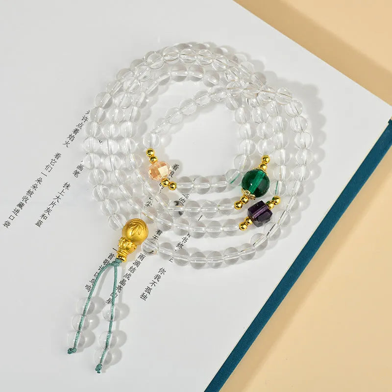 White crystal 108-bead rosary bracelet necklace with geometric shaping and ethnic design elements