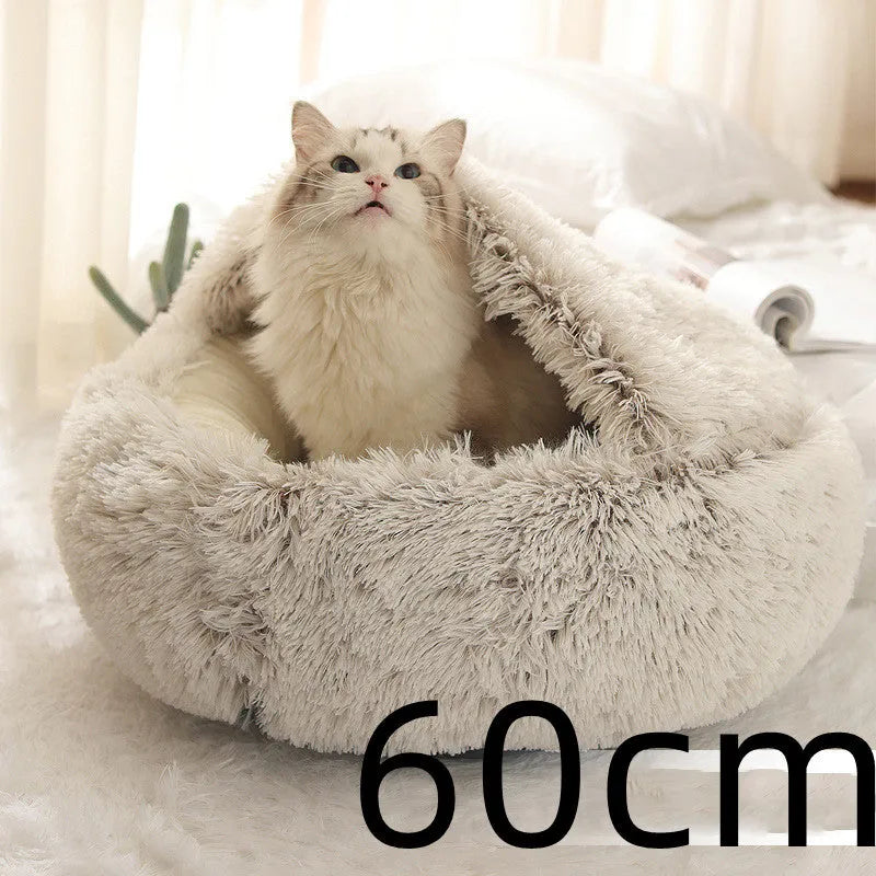 2 in 1 round plush pet bed with PP cotton filling for dogs and cats, available in brown, 65cm size