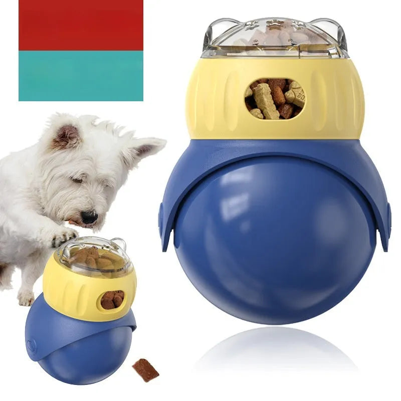 Yellow and blue plastic owl-shaped tumbler cat feeder toy for food puzzles.