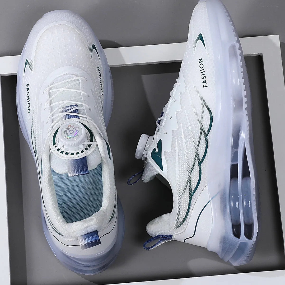 White Korean style mesh casual sports shoes with rotating button lace-up and round toe design