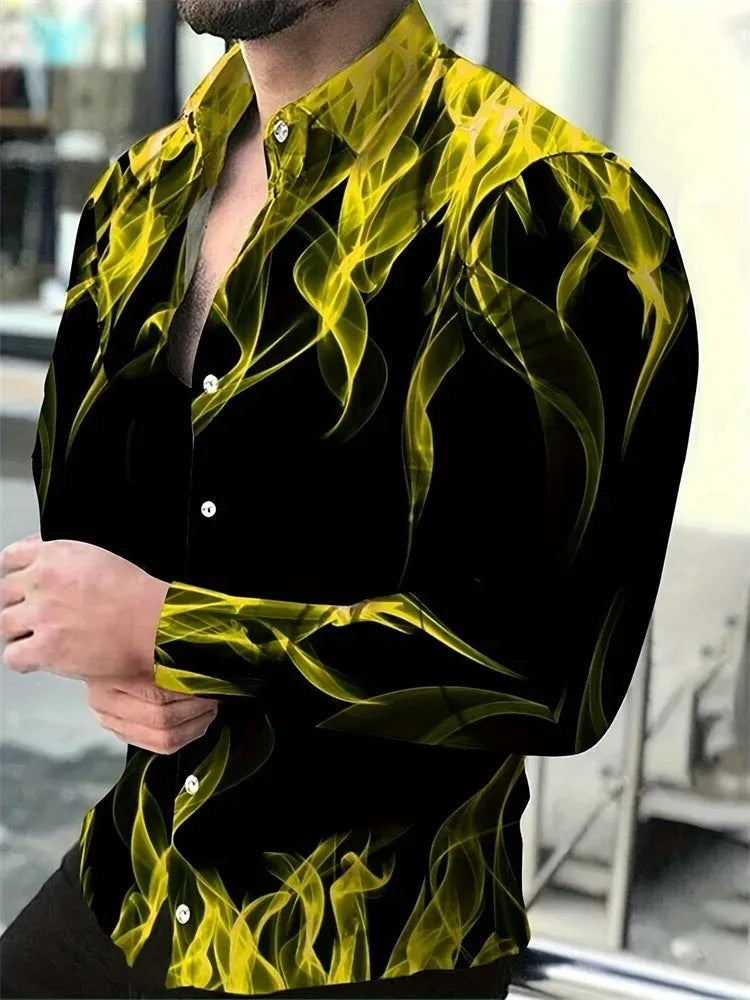 Man wearing a long sleeve Hawaiian shirt with a floral pattern, showcasing the loose fit and cardigan style.