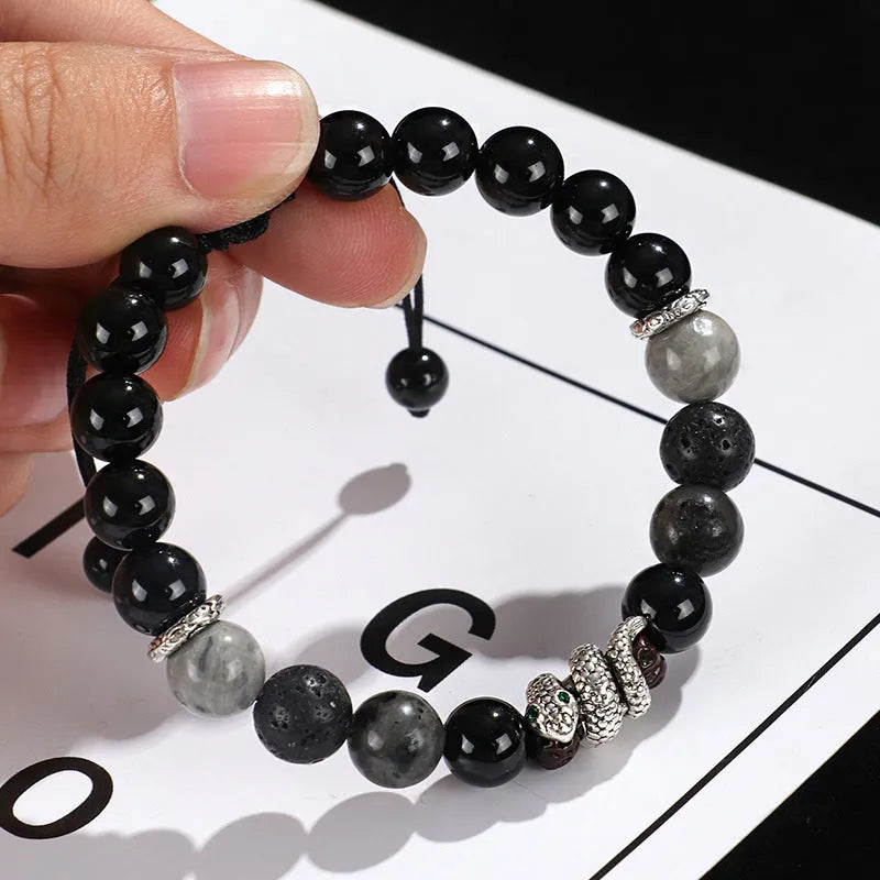 Black and white agate couple bracelets with blessing snake design and glitter accents