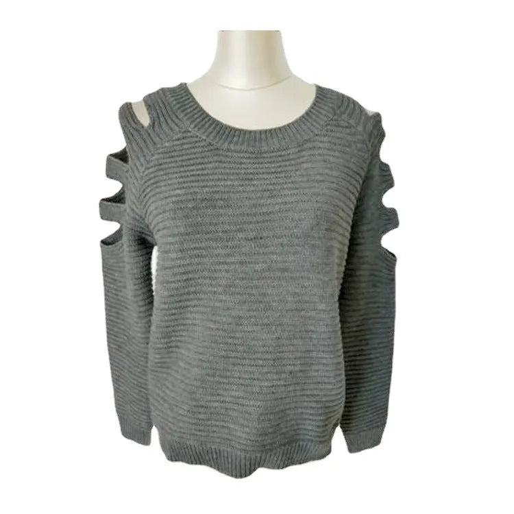 Women's grey crocheted hollow-out long-sleeve pullover shirt laid flat.