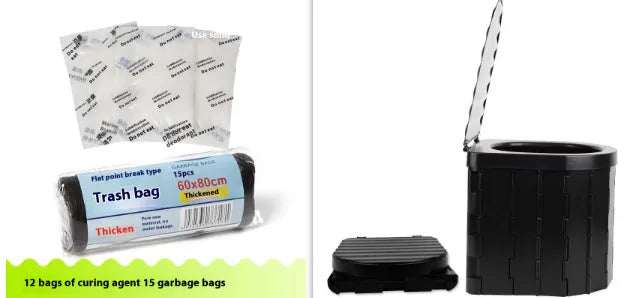Disposable emergency urine bag kit with curing agent sachets and biodegradable garbage bags for travel.
