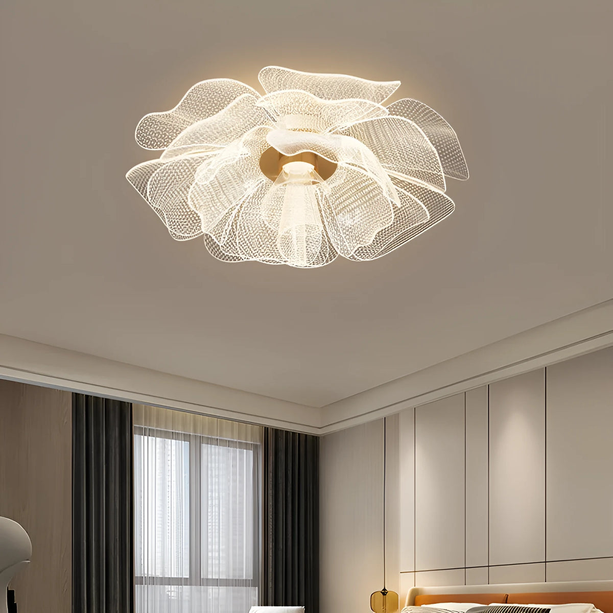 55cm flower acrylic ceiling light with iron body, 220V, offering white, warm, and tricolour light