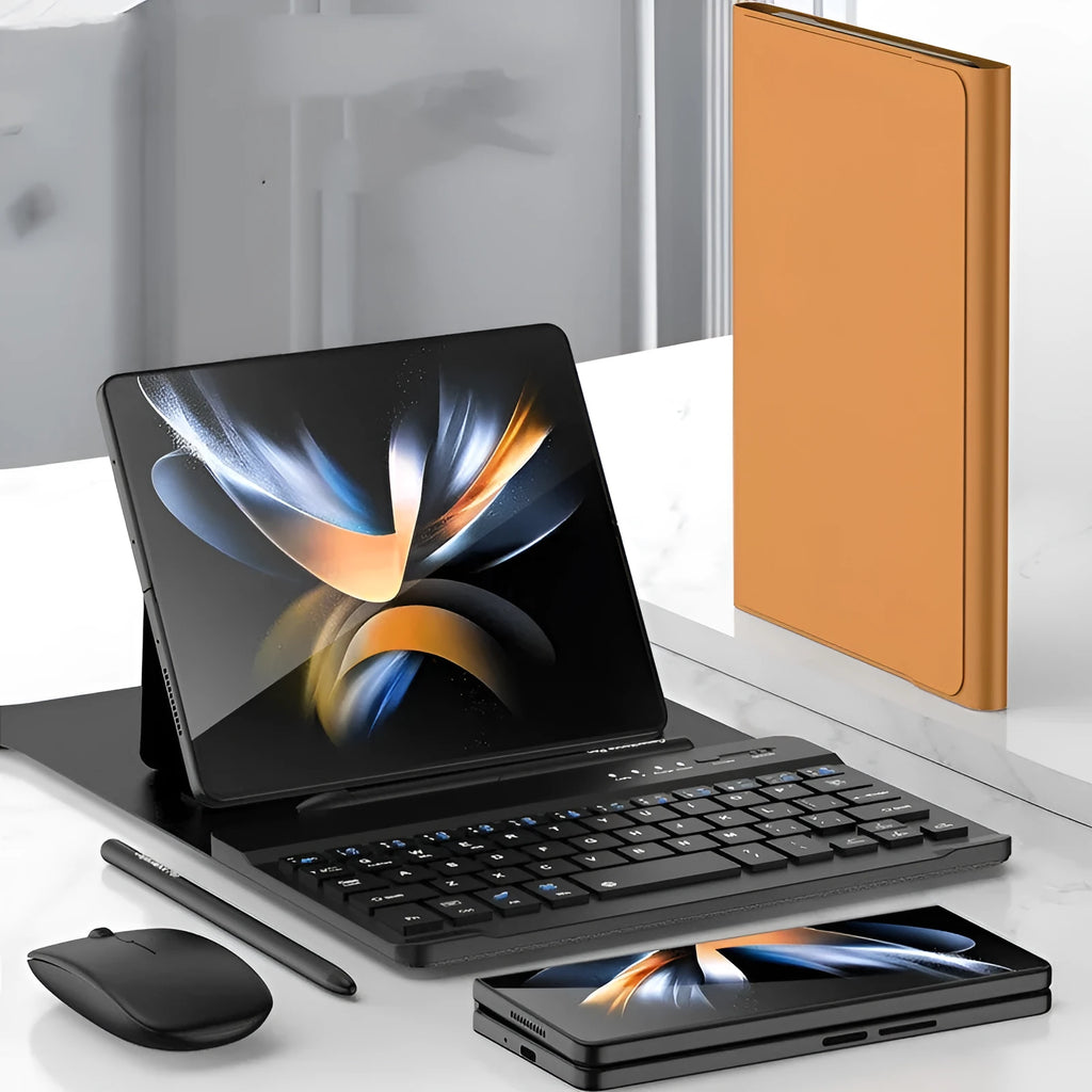 Folding PU leather case with Bluetooth keyboard, mouse, and stylus for Samsung Fold series, coffee brown colour