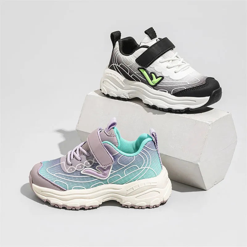 Children's black and purple stripe lace-up trainers with mesh fabric upper and rubber sole.