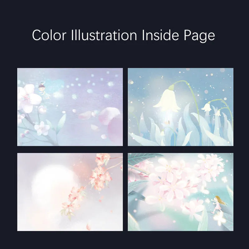 A5 notebook with luminous cover open to show colour illustrated interior pages