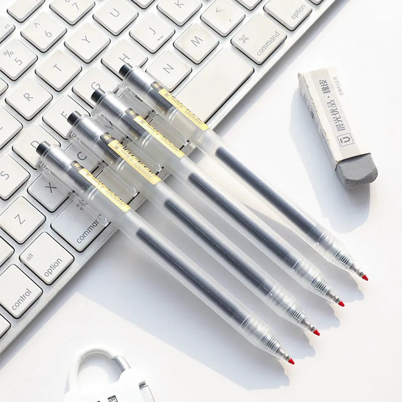 Set of twelve black matte finish retractable gel pens with 0.5mm tips and two spare refills.