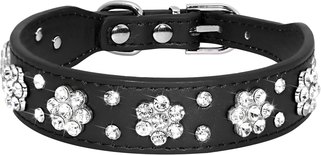 PU leather dog collar with studded rhinestone flower pattern in colour, showing metal D-ring and adjustable eyelets.