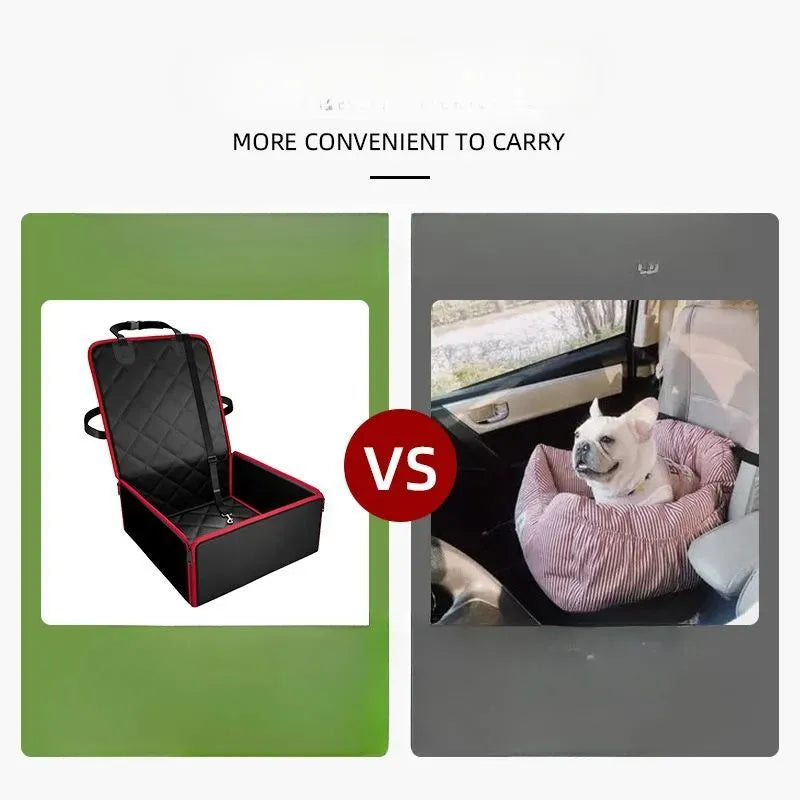 Large square black dog car seat protector with non-slip base on a vehicle front seat.
