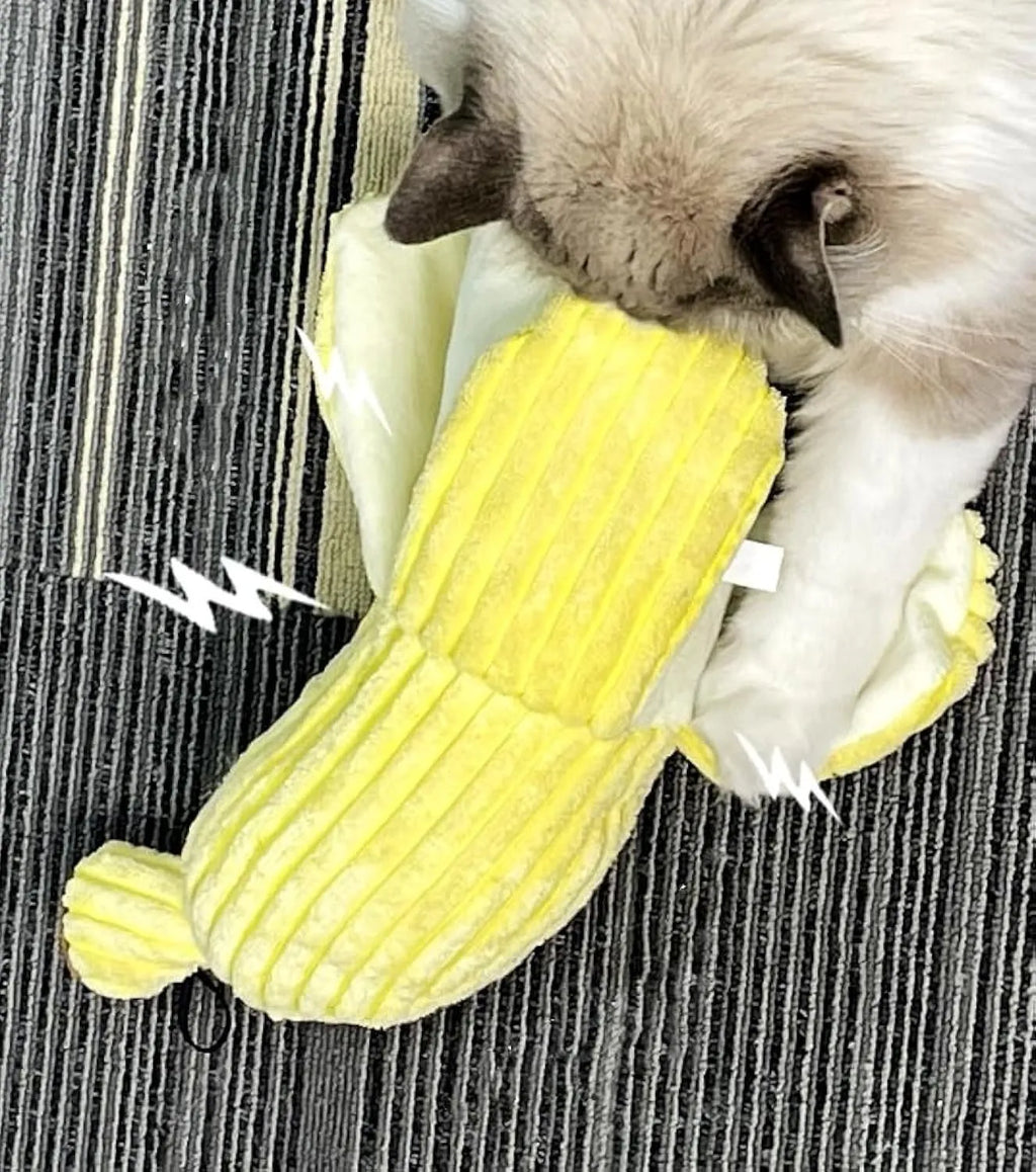Yellow banana-shaped cat toy with crinkle paper and catnip for indoor play