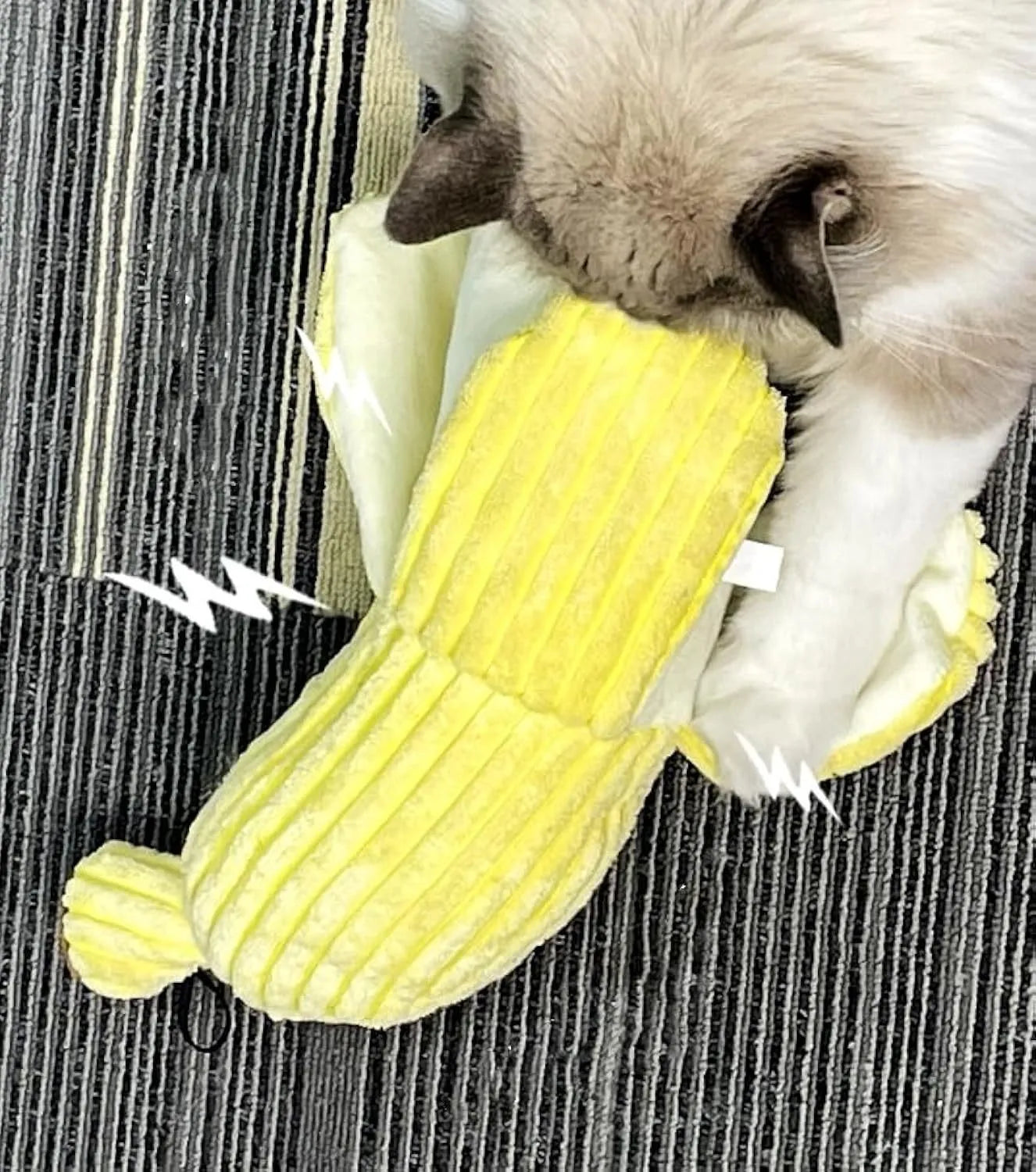 Yellow banana-shaped cat toy with crinkle paper and catnip for indoor play