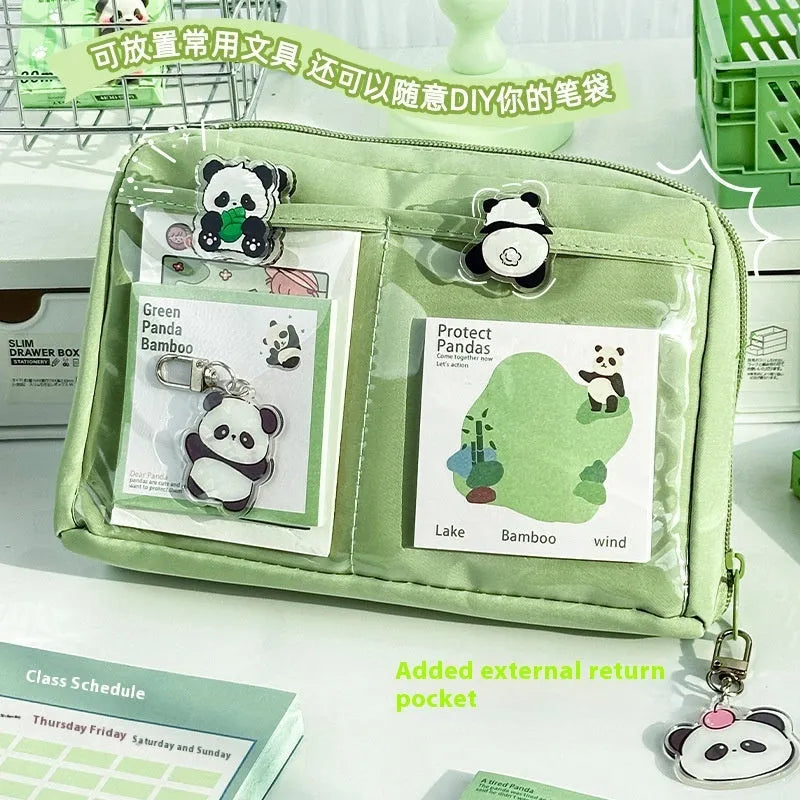 Green canvas panda pencil case with 12 internal storage layers for stationery organisation.