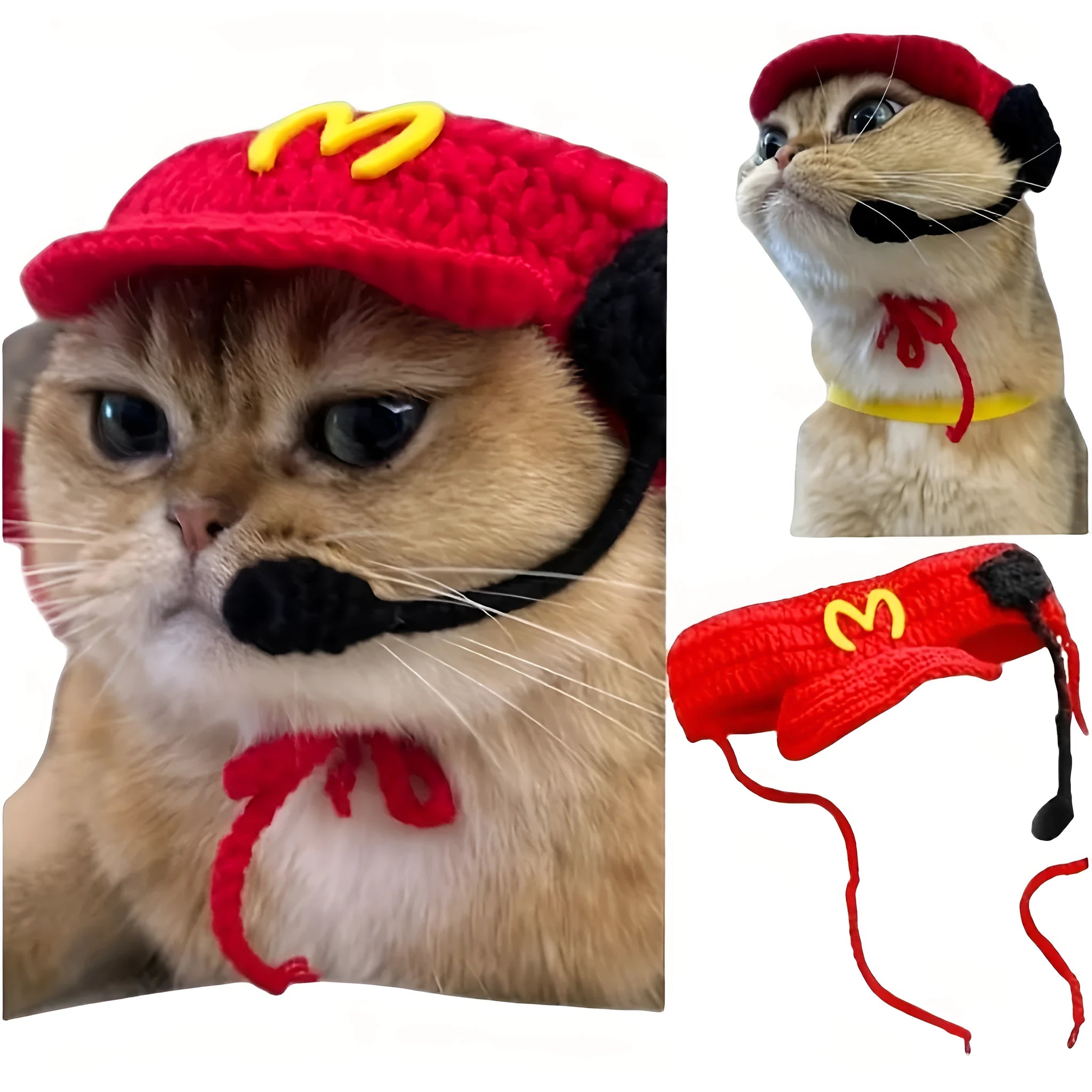 Handmade white chef hat with red trim and matching cotton knitted sweater for small to medium cats and dogs