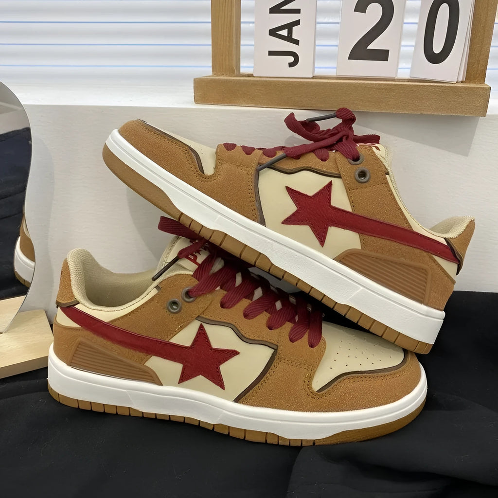 Brown women's platform sneakers with sequin detailing and lace-up front
