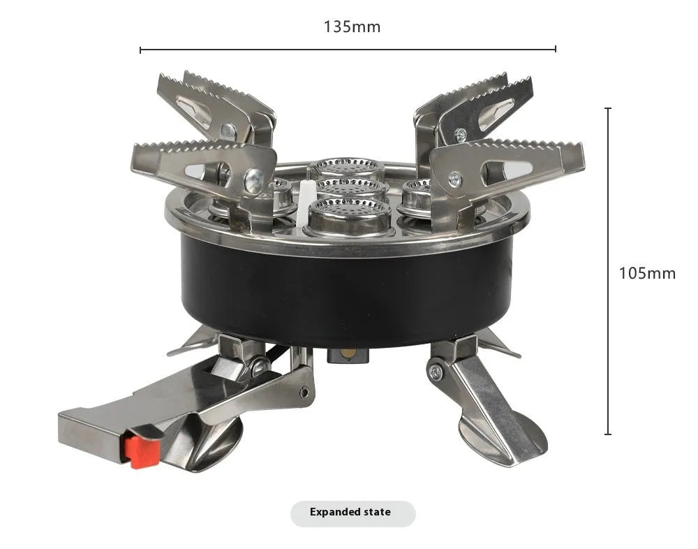 Silver foldable stainless steel and copper split camping stove with a long hose, shown closed for transport.