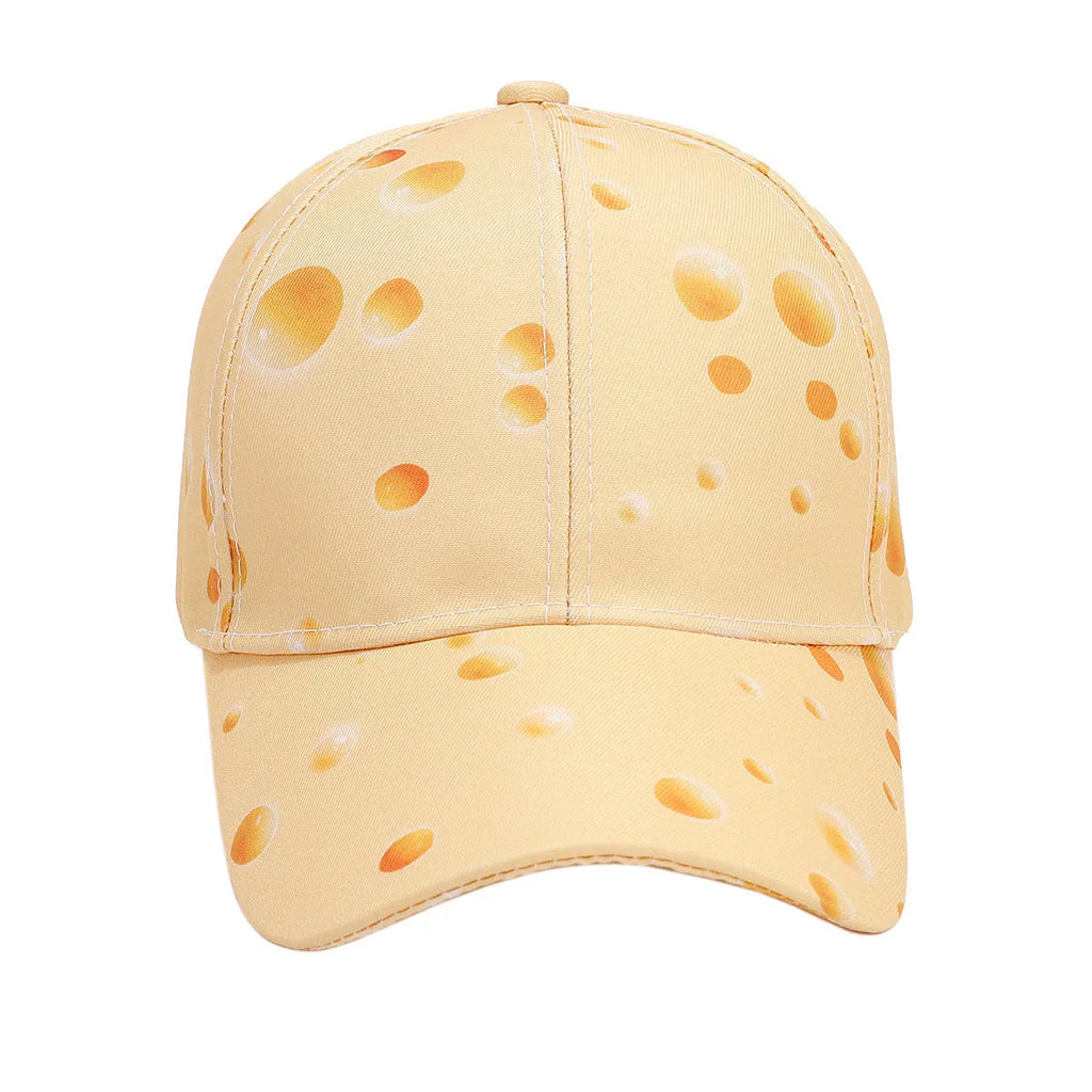 Cheese pattern printed peaked cap with adjustable strap and dome crown