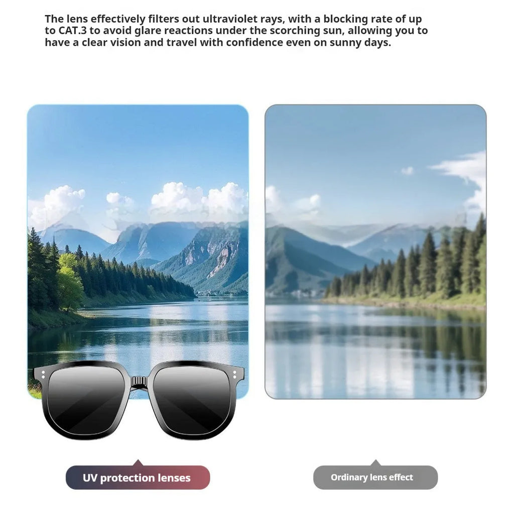 Black AI smart glasses with Bluetooth audio, call functions, and UV protection lenses