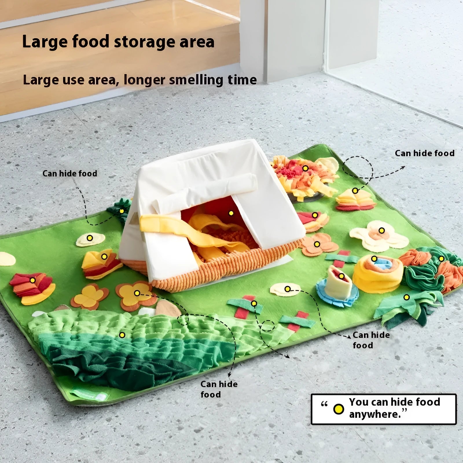 Plastic fabric dog sniffing mat in autumn forest colour theme for hiding food and scent enrichment
