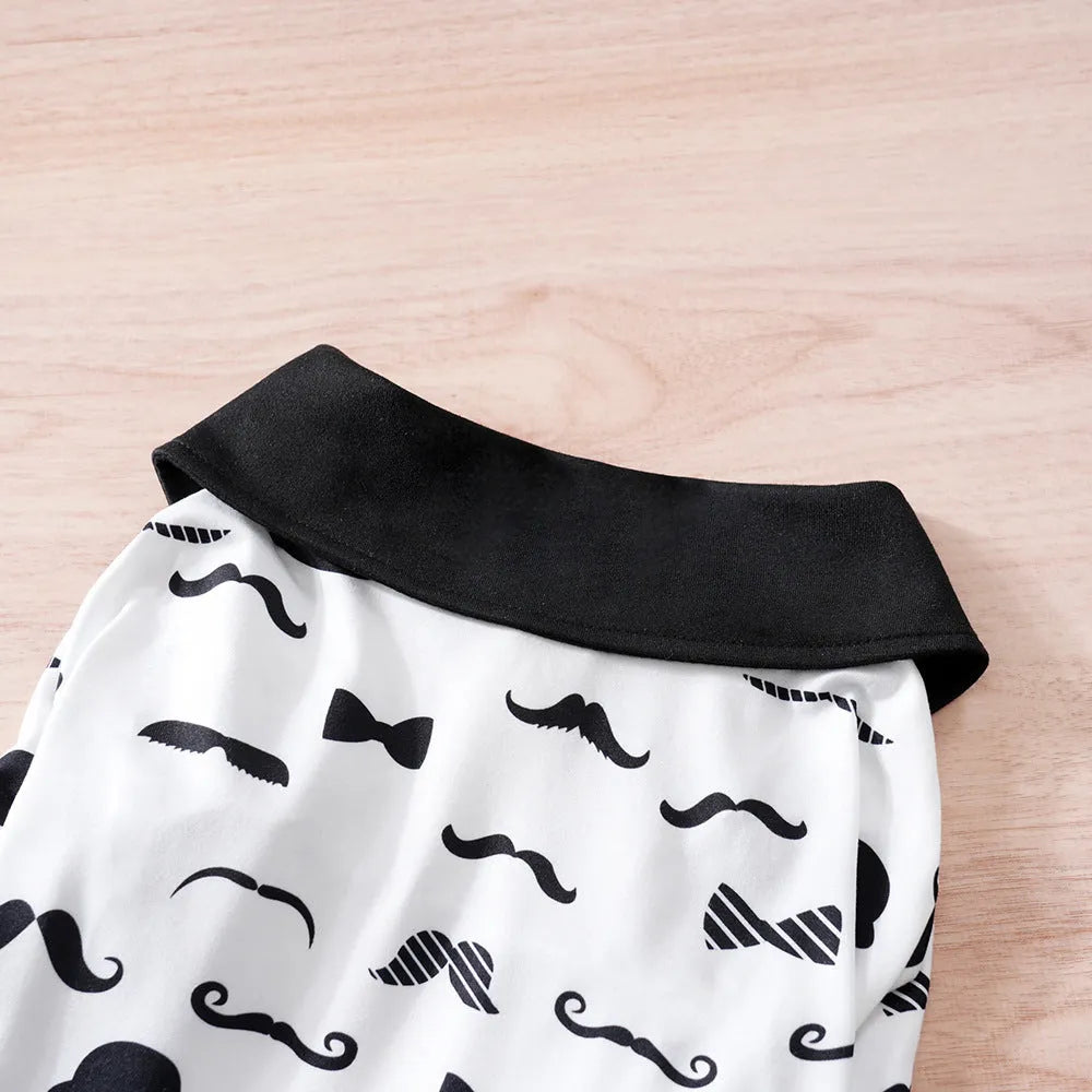 White dog costume with a faux gentleman beard design on a small dog.