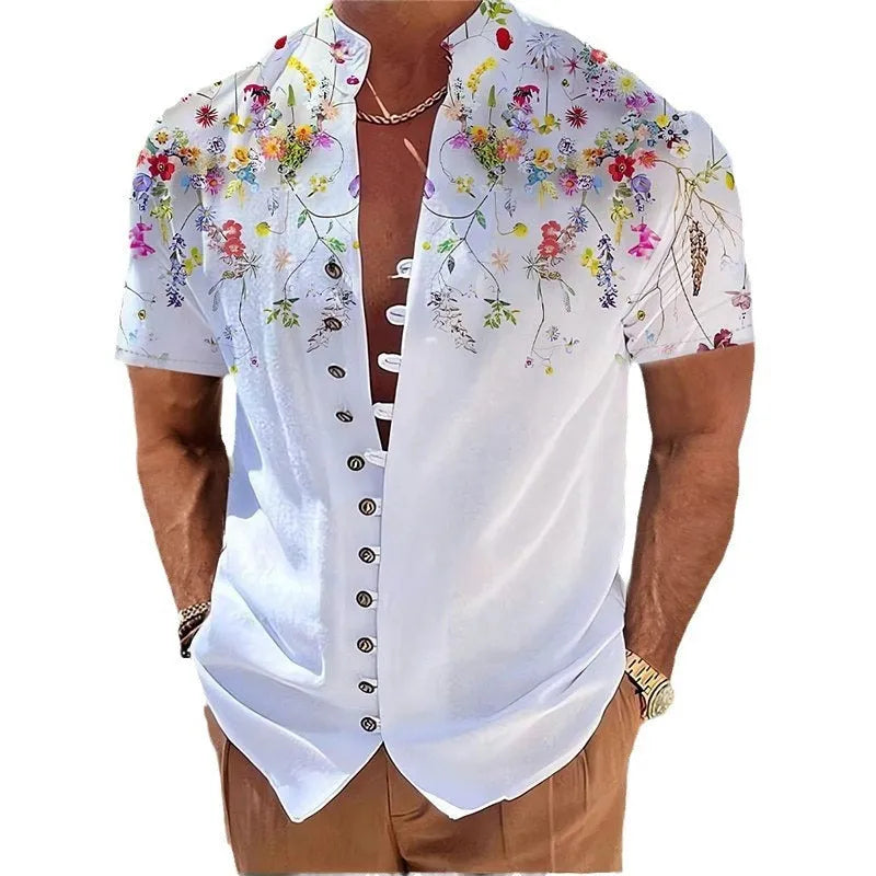Youth wearing a short sleeve cardigan with a blue and white 3D geometric floral print pattern.