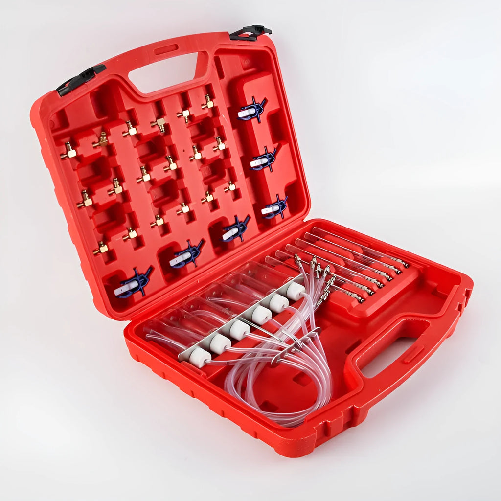 Brass fuel injection flow meter diagnostic tool for automotive fuel system testing