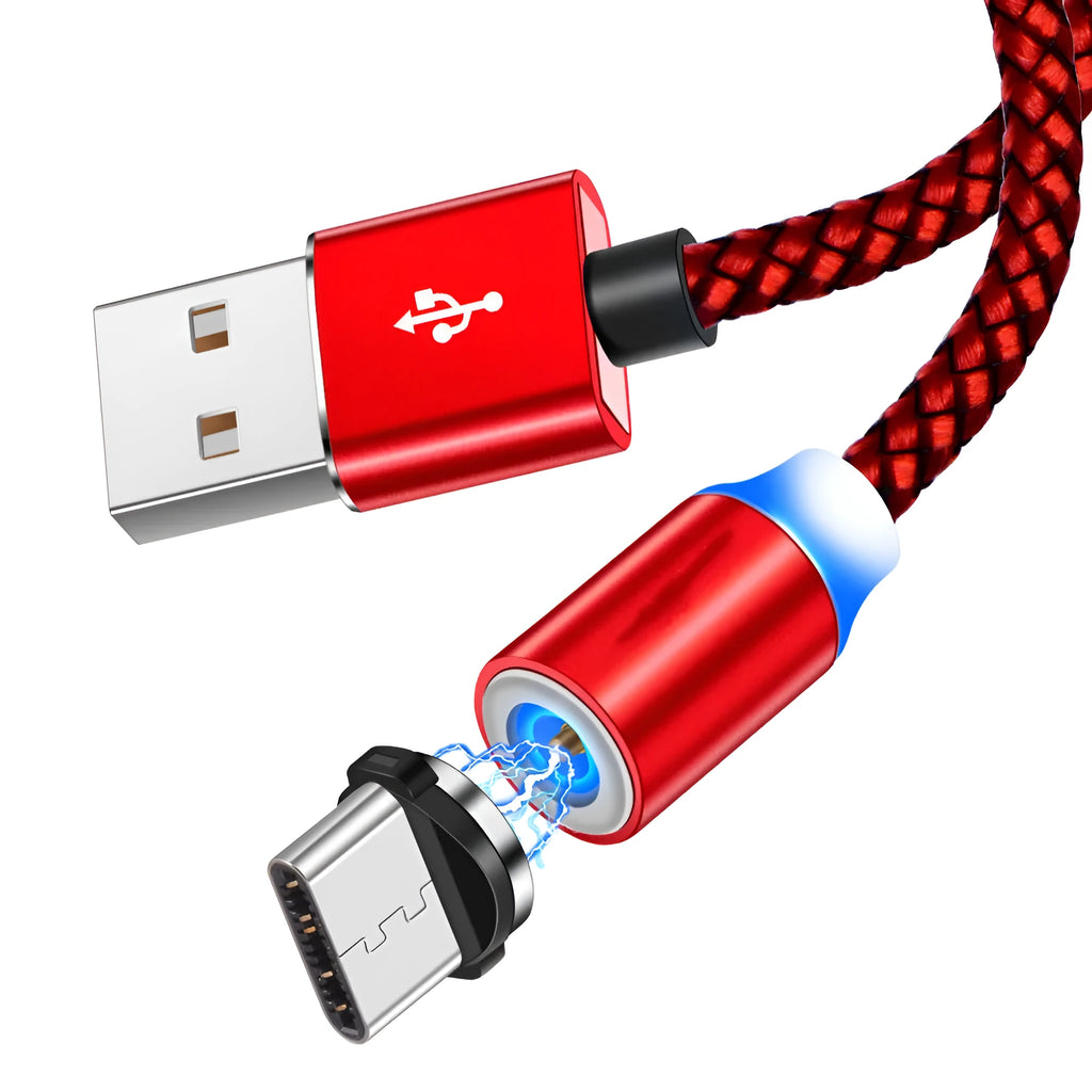 Magnetic three-in-one charging cable for Android, Type C, and Apple devices in black, silver, red, or gold