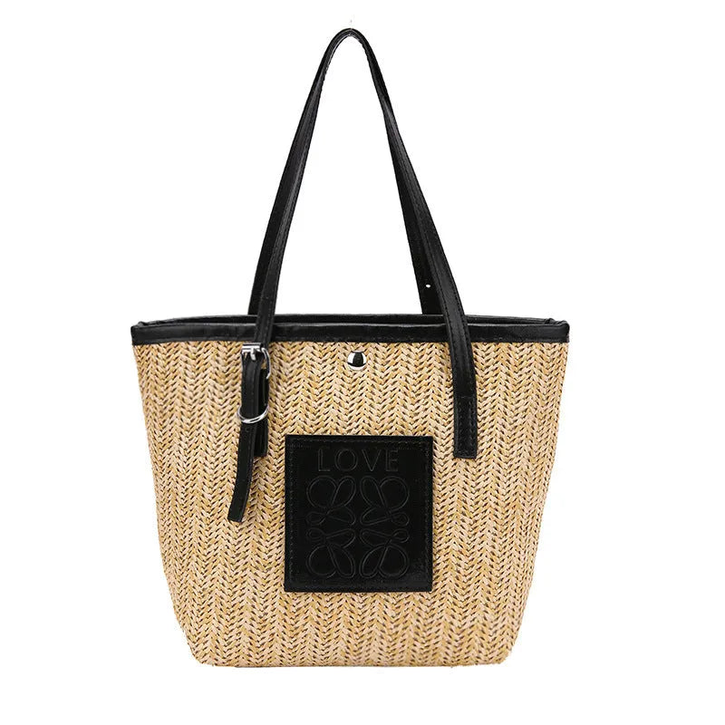 Straw woven women's shoulder bag in European retro style with large capacity and three-dimensional pockets