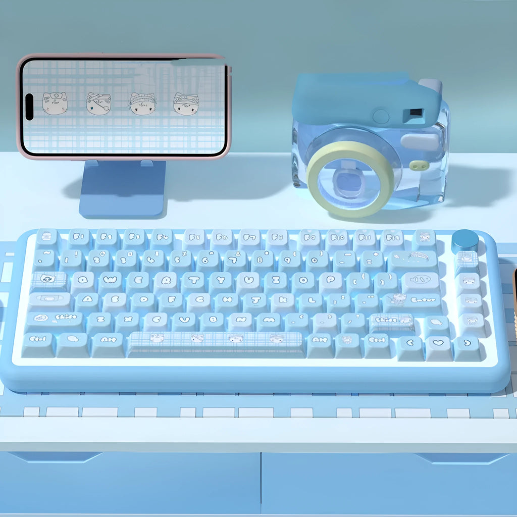 Custom watercolour kitten design keycaps for mechanical keyboards with opaque lettering