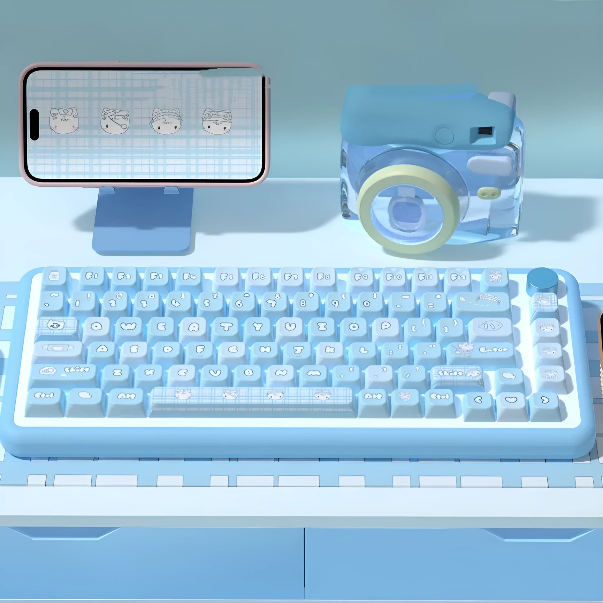 Custom watercolour kitten design keycaps for mechanical keyboards with opaque lettering